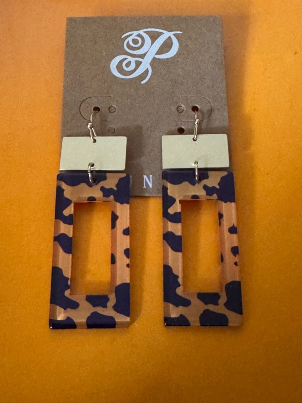 Plunder Leopard Cheetah Rectangular Earrings Animal Black Mustard Print New